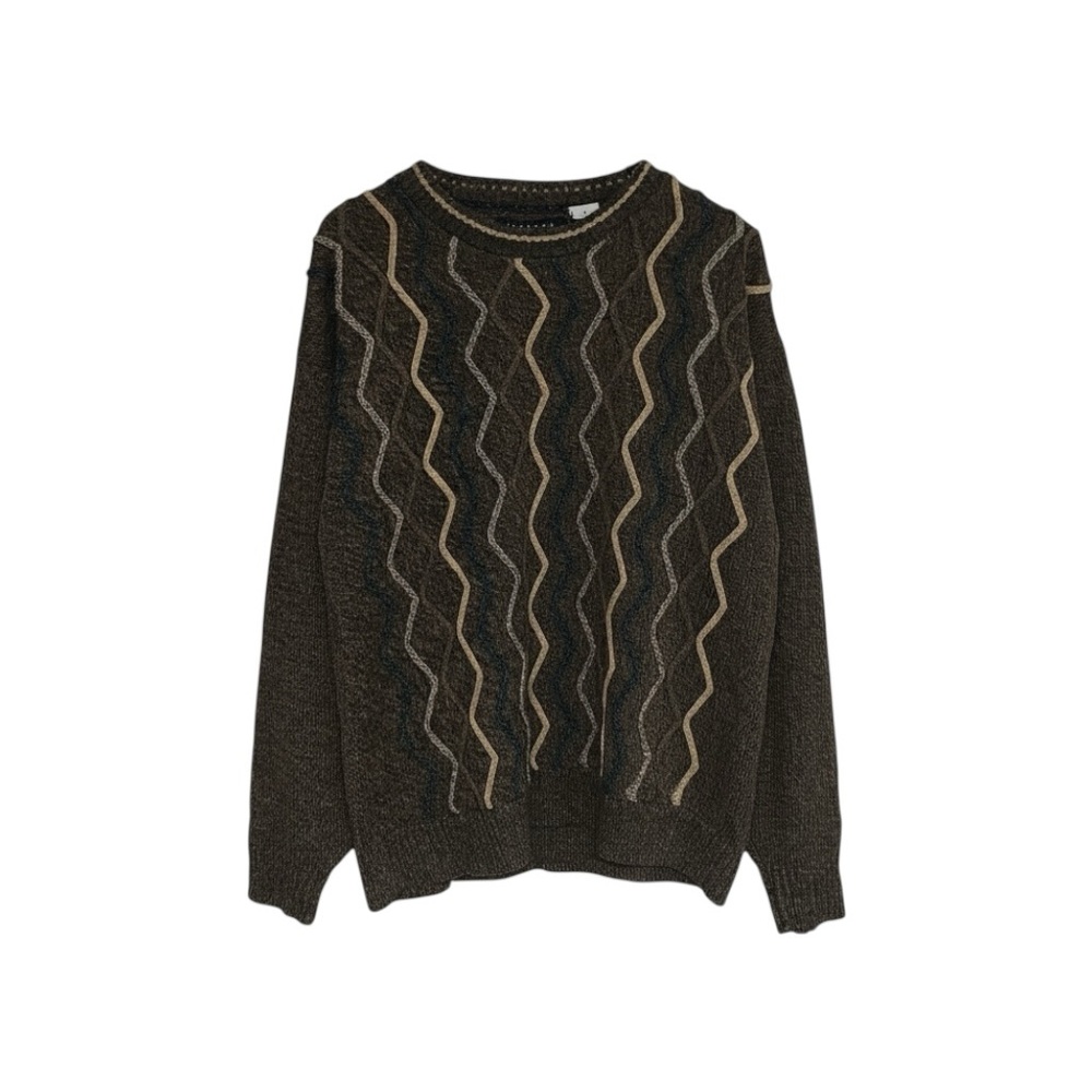 Vintage Protege Grandpa Knit Sweater Men’s Size Large Brown Zigzag Crewneck